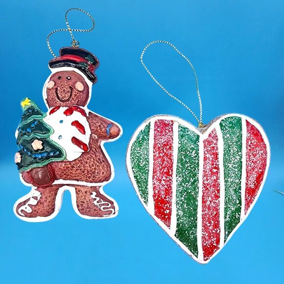 Gingerbread Man Christmas Tree & Heart Frosted Faux Cookie Ornaments Fake Bake - Picture 2 of 9